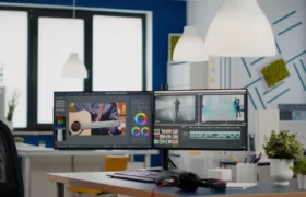 Free-photo-empty-modern-creative-agency-office-with-dual-monitors-setup-with-processing-video