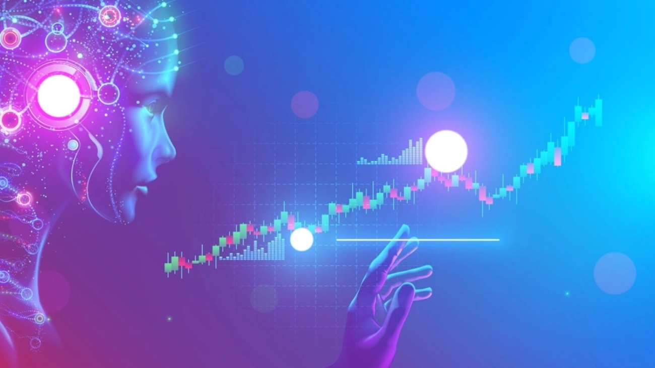 Ai-in-digital marketing-ai-in-business-face-of-artificial-intelligence-with-mind-looking-at-trading-charts-information-neural-networks-analysis-finance-economic-digital-data-robot-trader-works-stock-exchange